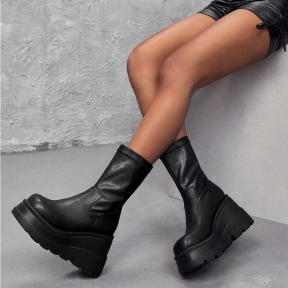 NEW Square Toe Chunky Wedge Sole Platform Slip On Sock Half Calf Bootie Boots - Picture 2 of 7